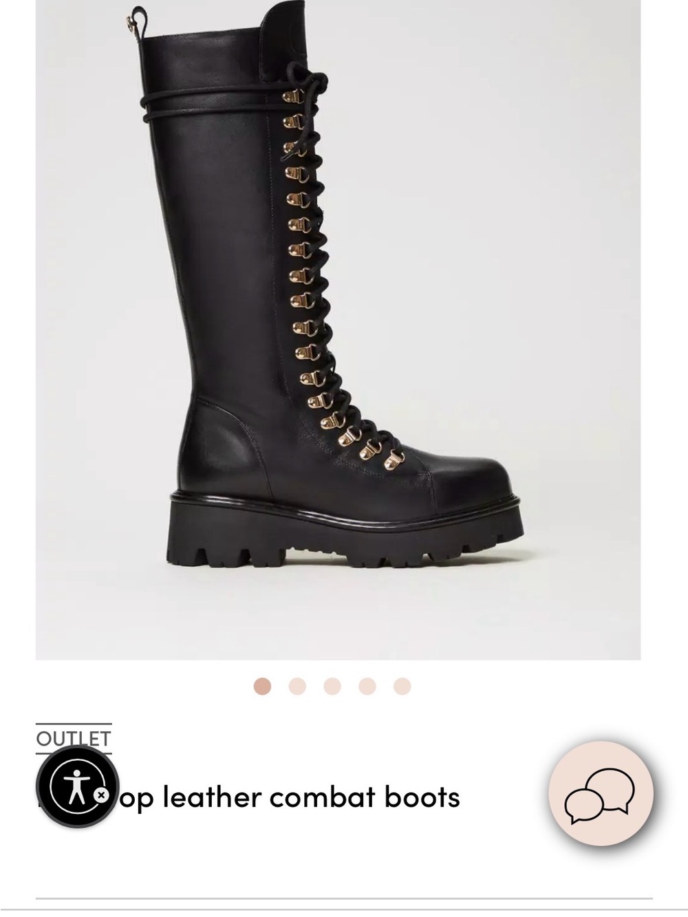 Twin-Set Black Tall Leather Combat Boots with Gold Hardware